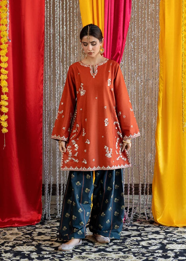BP-1016 Rust Orange Embroidered Lawn Suit – Unstitched 2 Piece