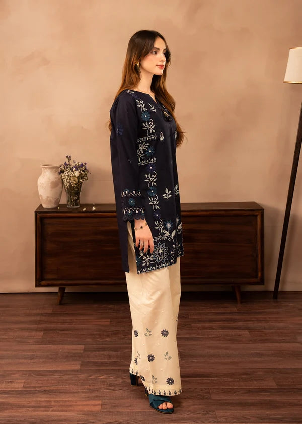 BP-1010 Unstitched 2 Piece Lawn Suit – White & Navy Blue | Bunawat.pk