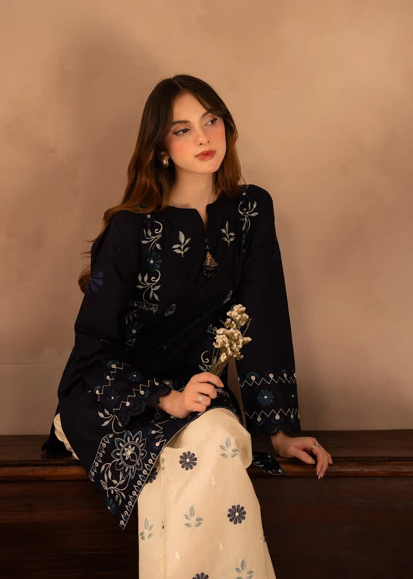 BP-1010 Unstitched 2 Piece Lawn Suit – White & Navy Blue | Bunawat.pk