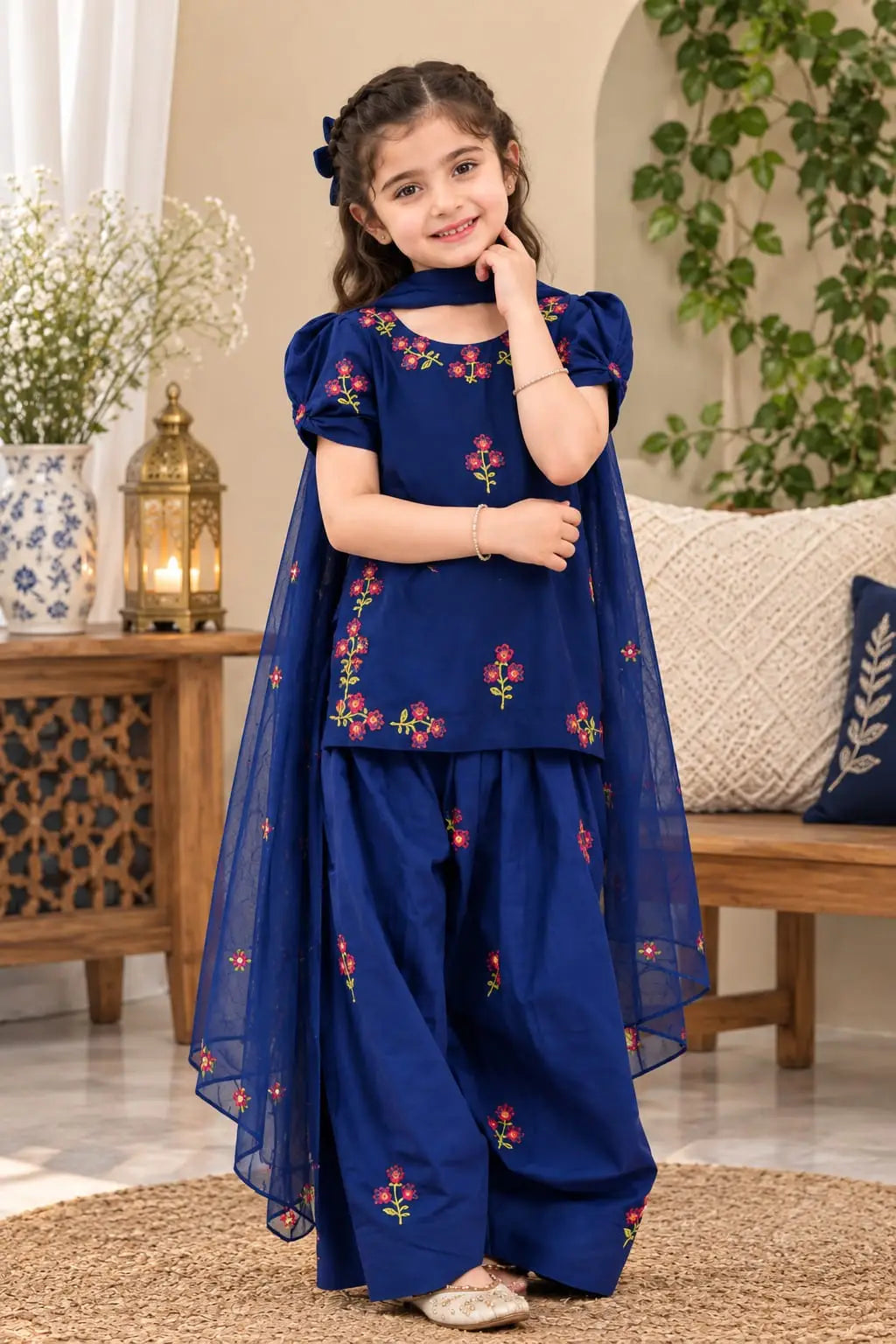 BP-2006 Girls Blue Dhanak Embroidered 3-Piece Unstitched Suit