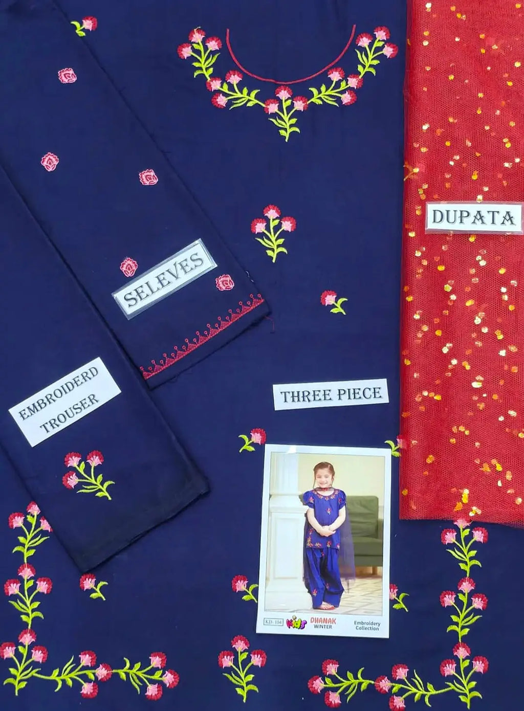 BP-2006 Girls Blue Dhanak Embroidered 3-Piece Unstitched Suit