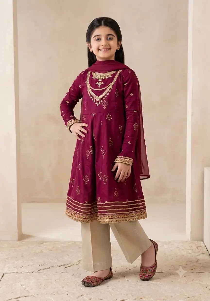 BP-2002 Girls’ 3-Piece Dhanak Embroidered Unstitched Suit – Maroon