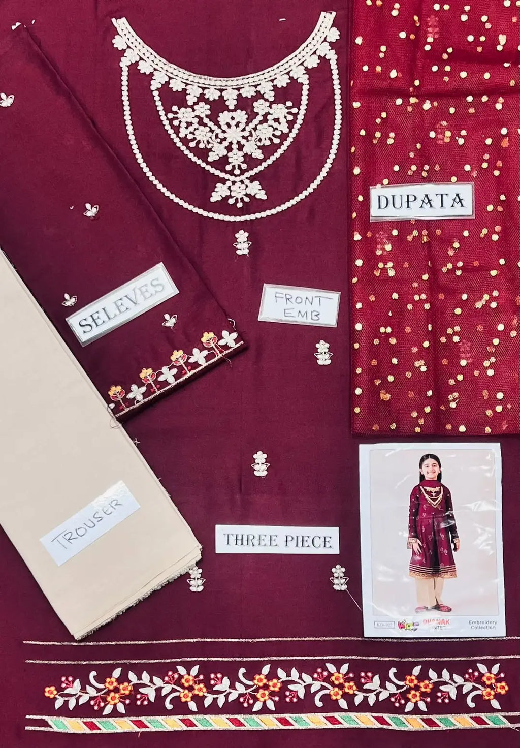 BP-2002 Girls’ 3-Piece Dhanak Embroidered Unstitched Suit – Maroon