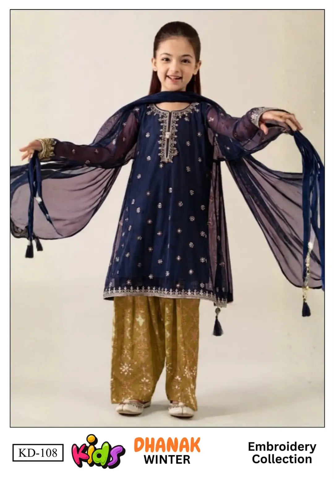 BP-2003 Girls Blue Dhanak Embroidered Unstitched 3-Piece Suit