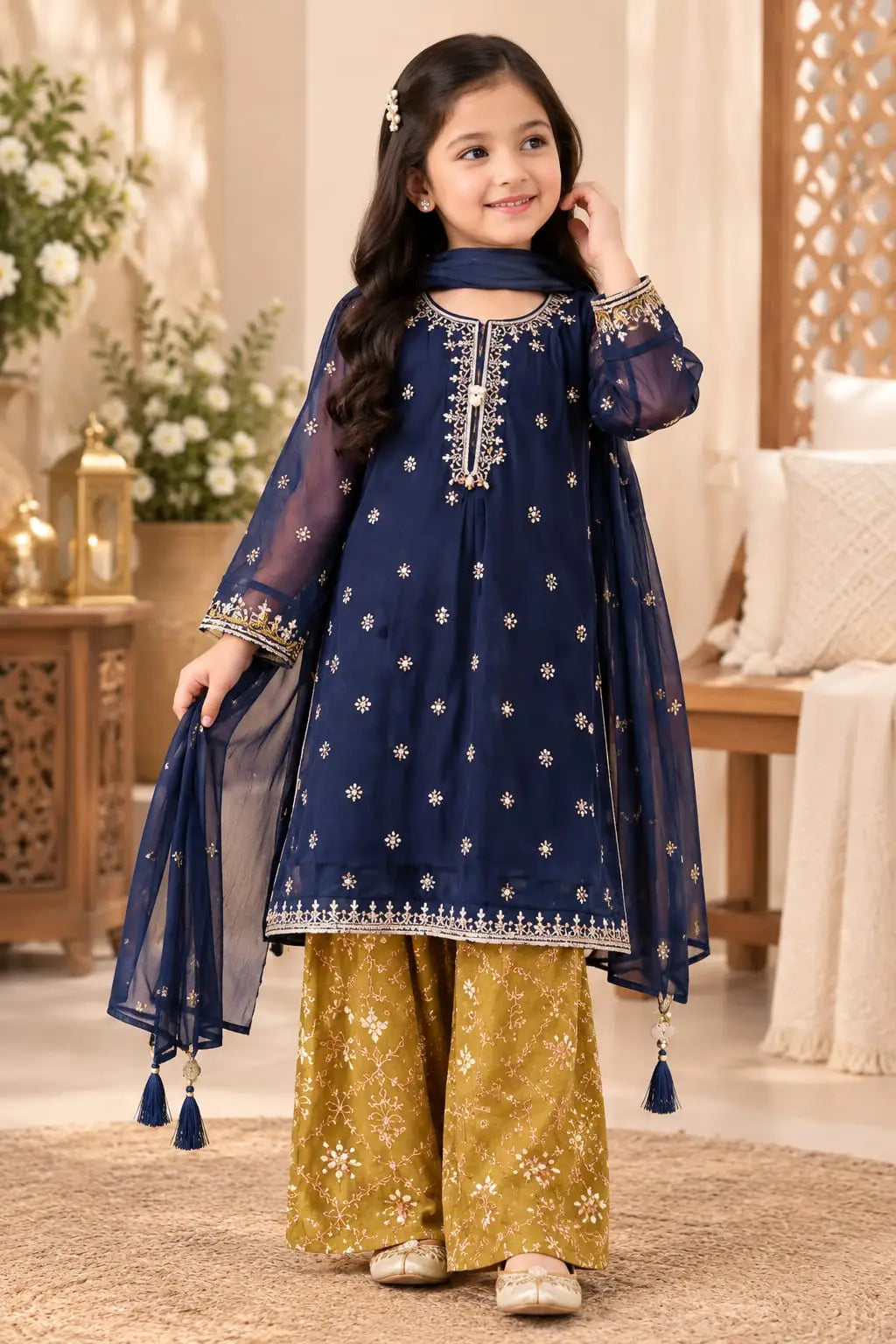 BP-2003 Girls Blue Dhanak Embroidered Unstitched 3-Piece Suit