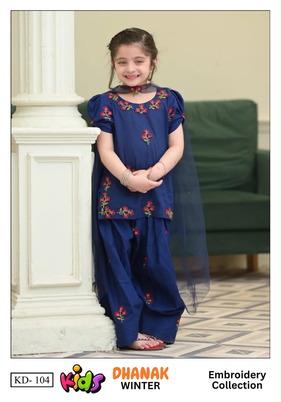 BP-2006 Girls Blue Dhanak Embroidered 3-Piece Unstitched Suit